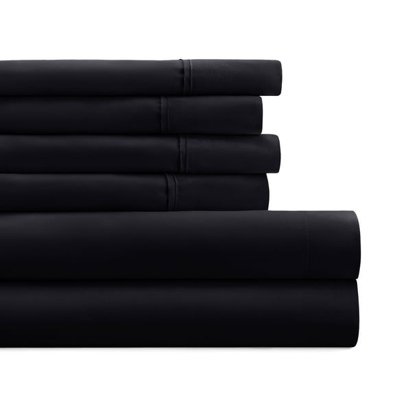 California King, Black Solid Microfiber 6 Piece Bed Sheet Set, by Noble Linens