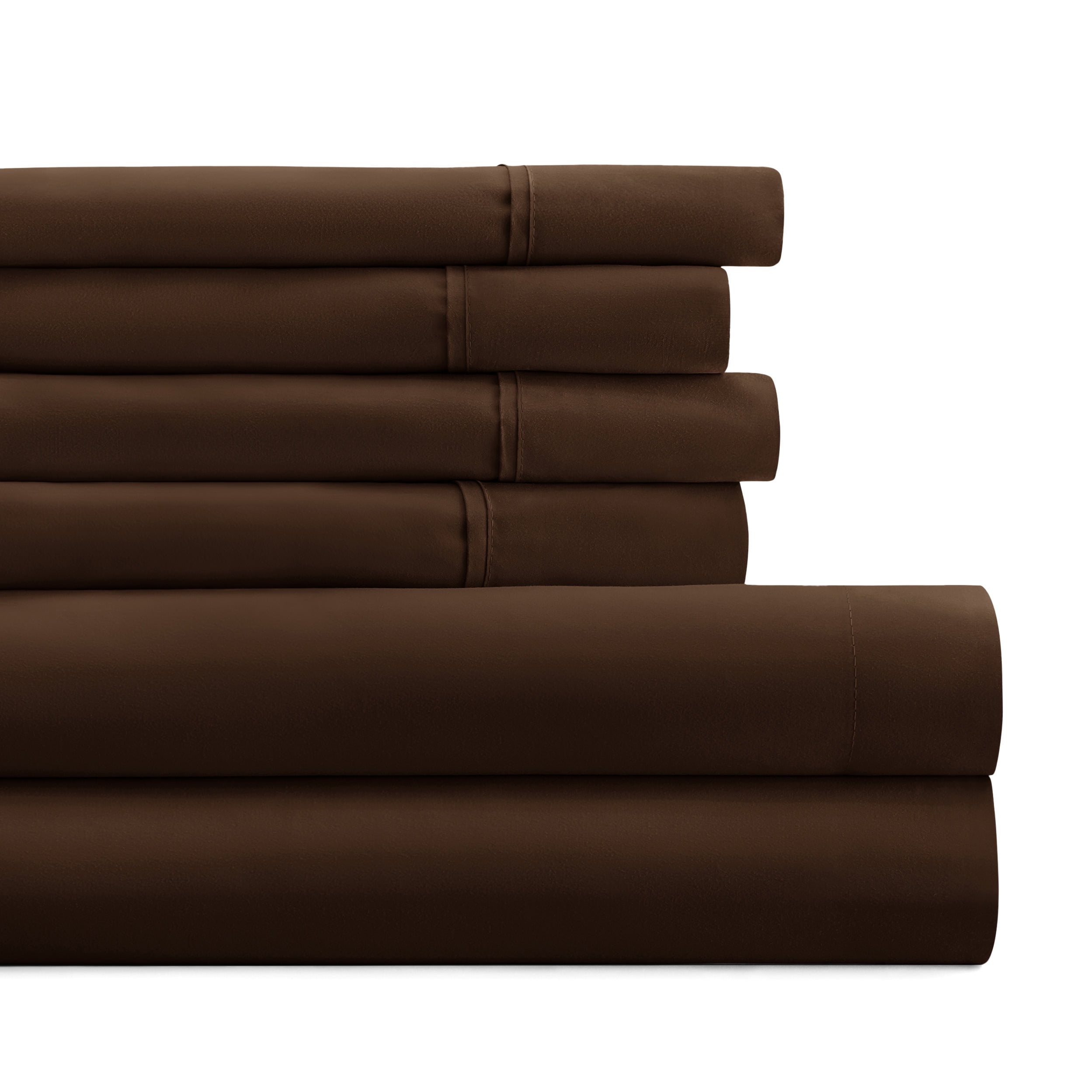 Queen, Chocolate Solid Microfiber 6 Piece Bed Sheet Set, by Noble Linens