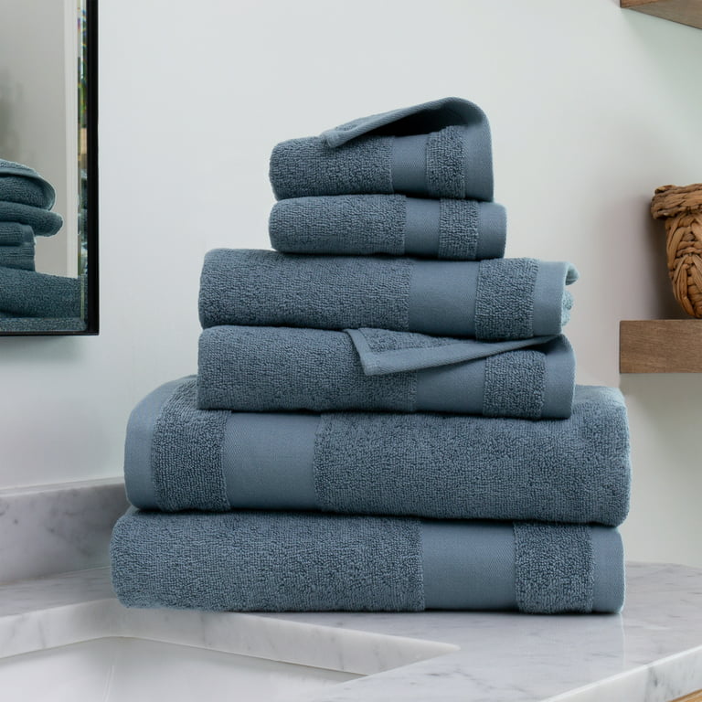 Noble Linens 6 Piece Farmhouse Cotton Bath Towel Set, Light Blue