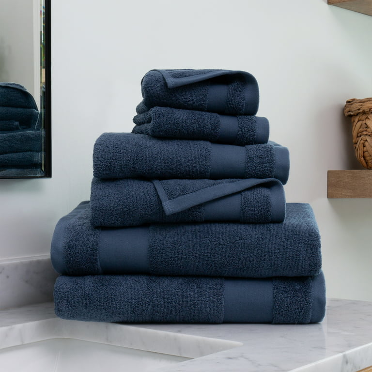 Noble Linens 6 Piece Farmhouse Cotton Bath Towel Set, Navy Blue