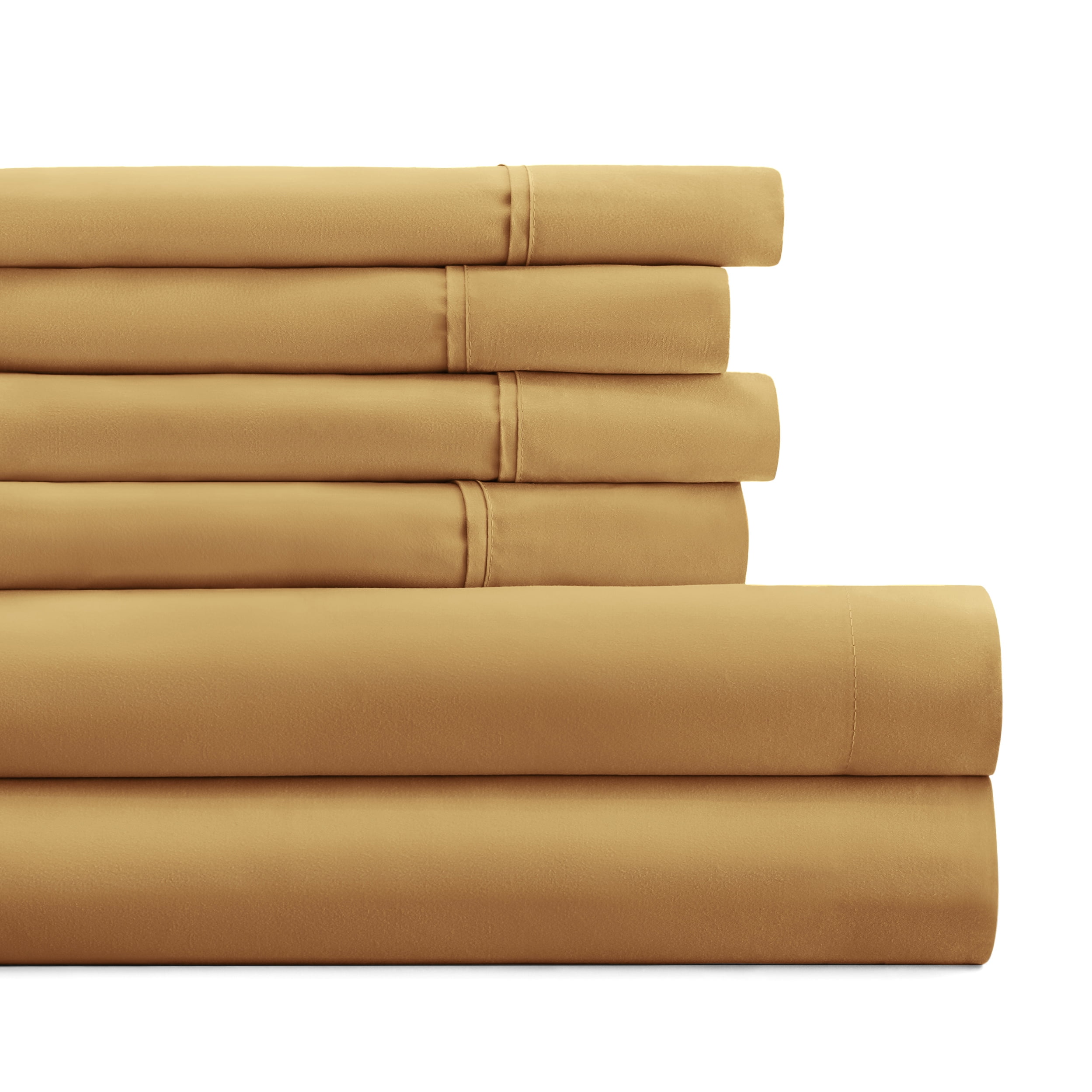 Twin Extra Long, Gold Solid Microfiber 6 Piece Bed Sheet Set, by Noble Linens