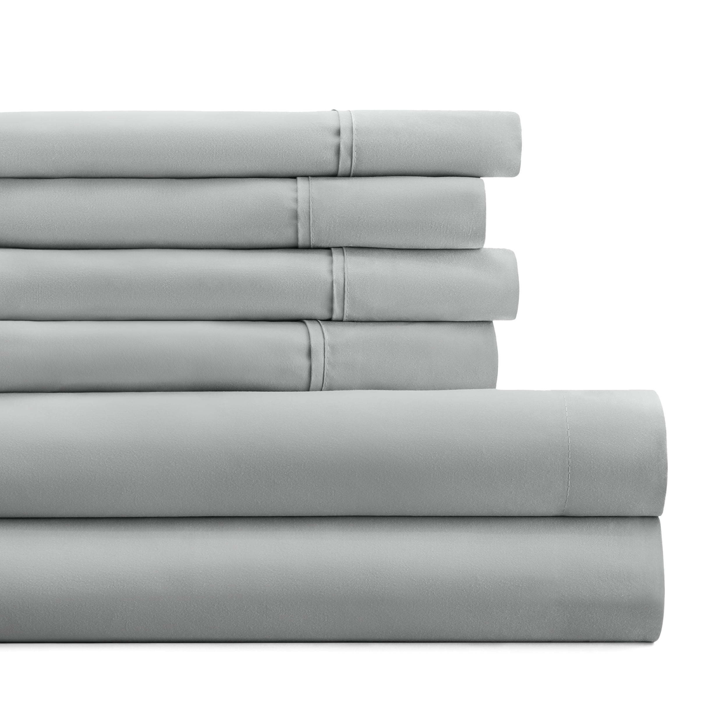 California King, Light Gray Solid Microfiber 6 Piece Bed Sheet Set, by Noble Linens