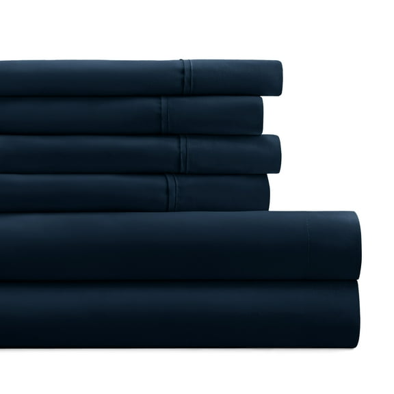 California King, Navy Solid Microfiber 6 Piece Bed Sheet Set, by Noble Linens