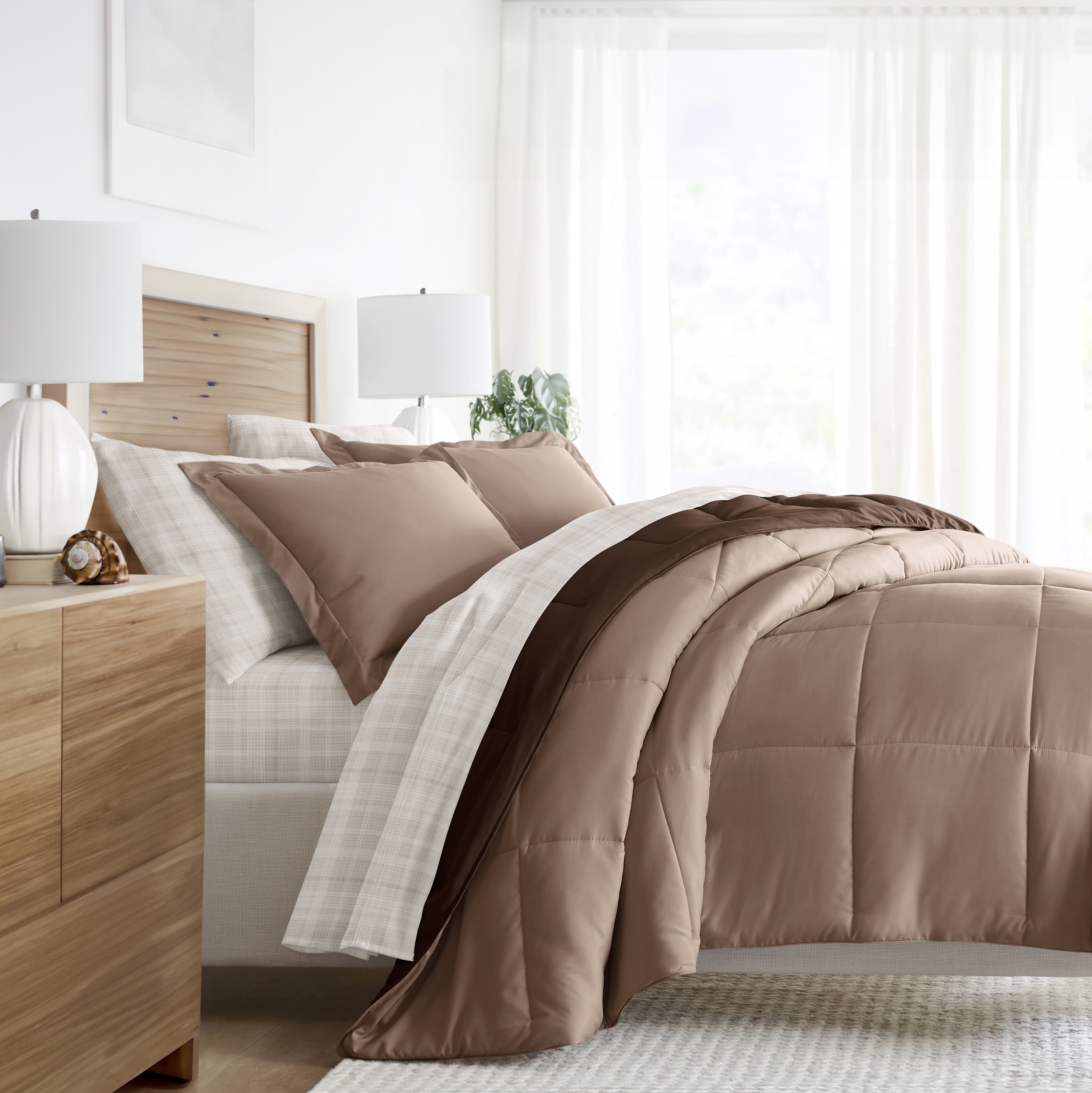 Noble Linens 7 Piece Bedding Bundle, Reversible Comforter and Patterned Sheet Set, California King