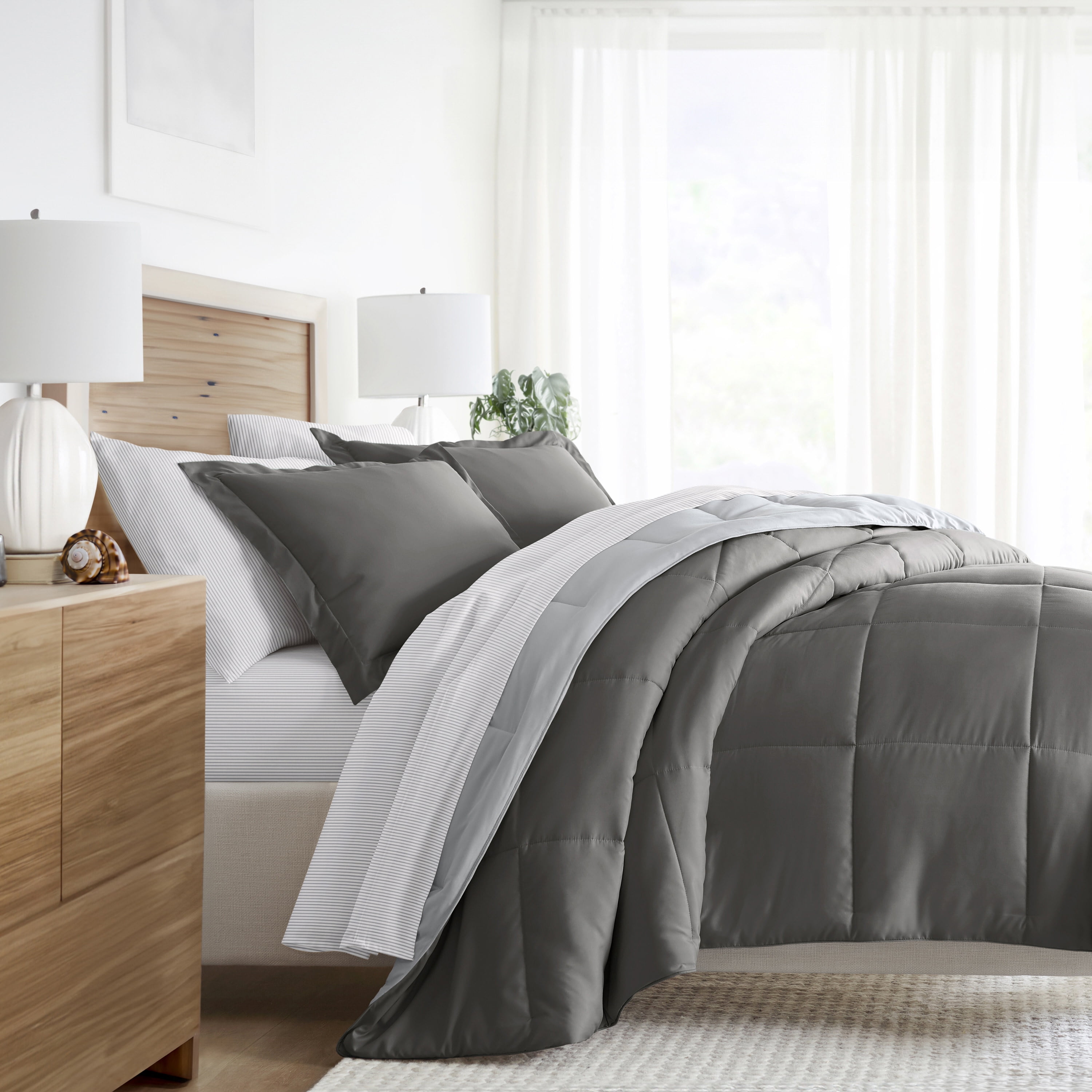 Noble Linens 7 Piece Bedding Bundle, Reversible Comforter and Patterned Sheet Set, California King