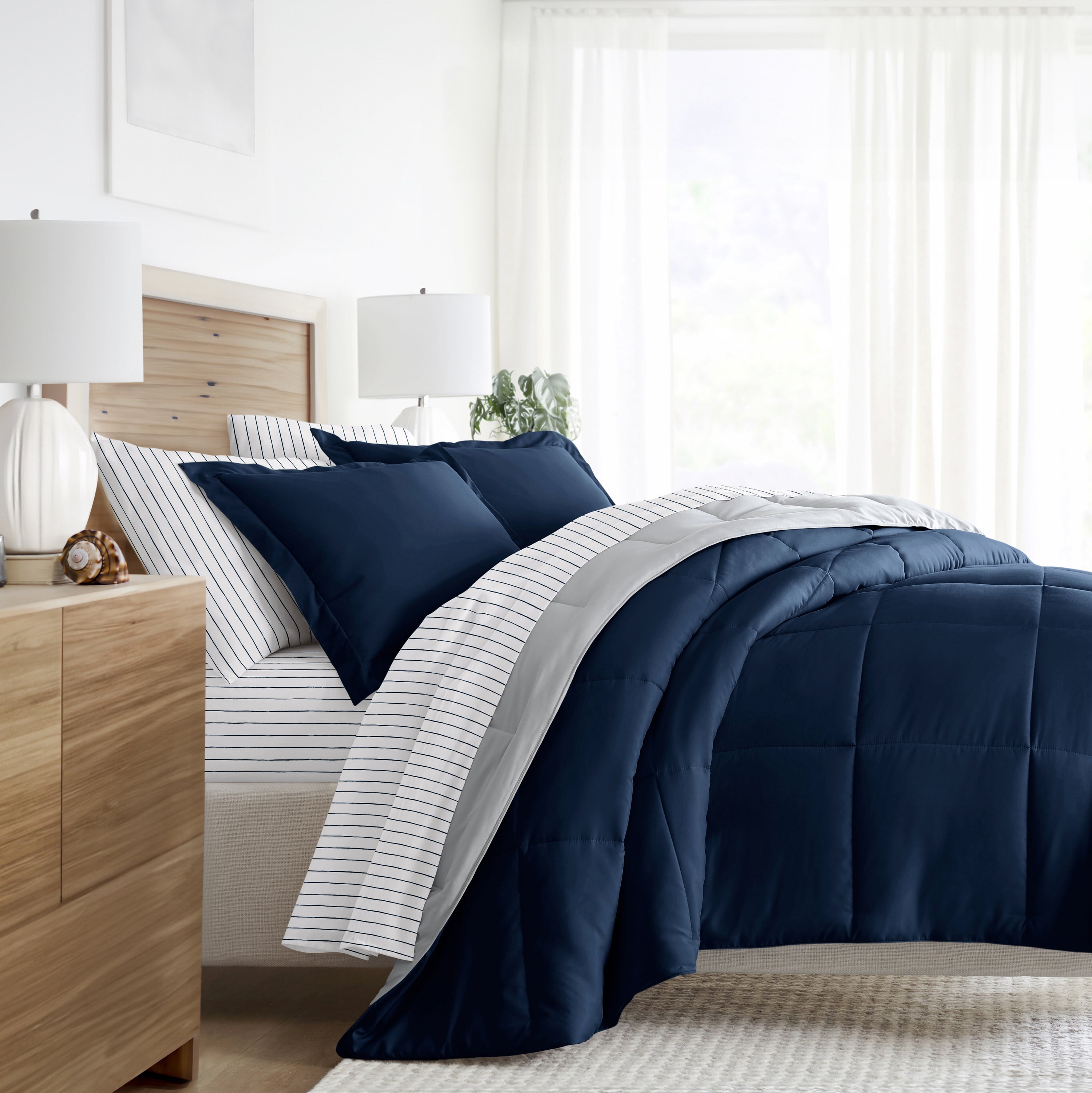 Noble Linens 7 Piece Bedding Bundle, Reversible Comforter and Patterned Sheet Set, Full