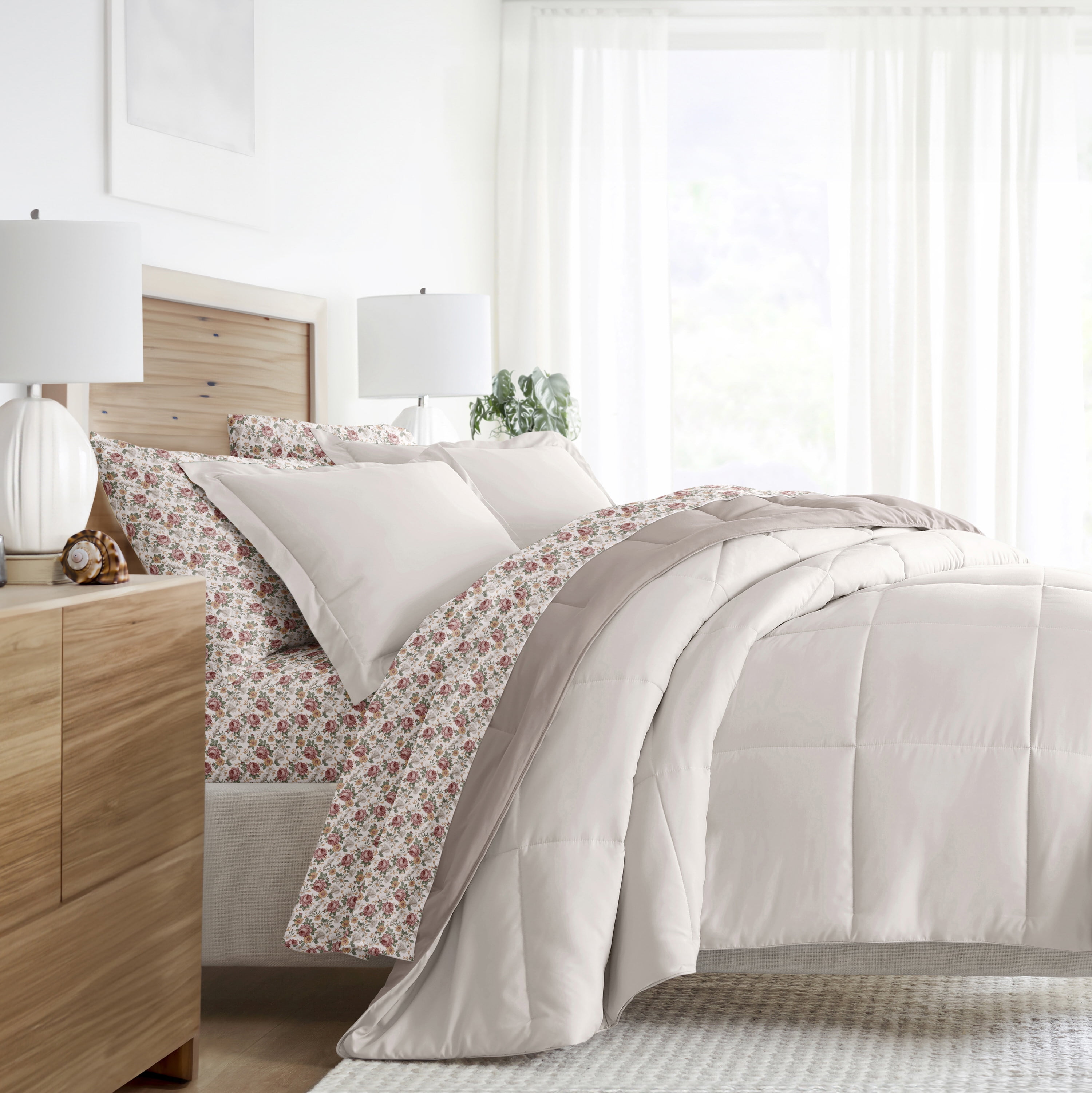 Noble Linens 7 Piece Bedding Bundle, Reversible Comforter and Patterned Sheet Set, Full