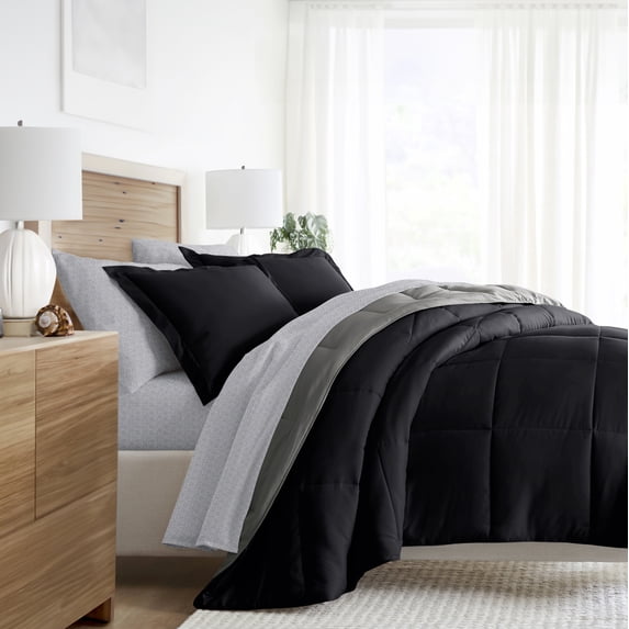 Noble Linens 7 Piece Bedding Bundle, Reversible Comforter and Patterned Sheet Set, Full