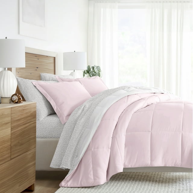 Noble Linens 7 Piece Bedding Bundle, Reversible Comforter and Patterned Sheet Set, King