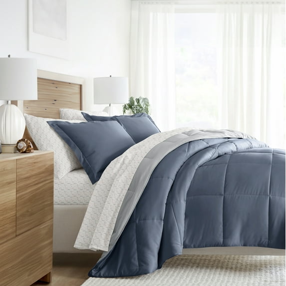 Noble Linens 7 Piece Bedding Bundle, Reversible Comforter and Patterned Sheet Set, King