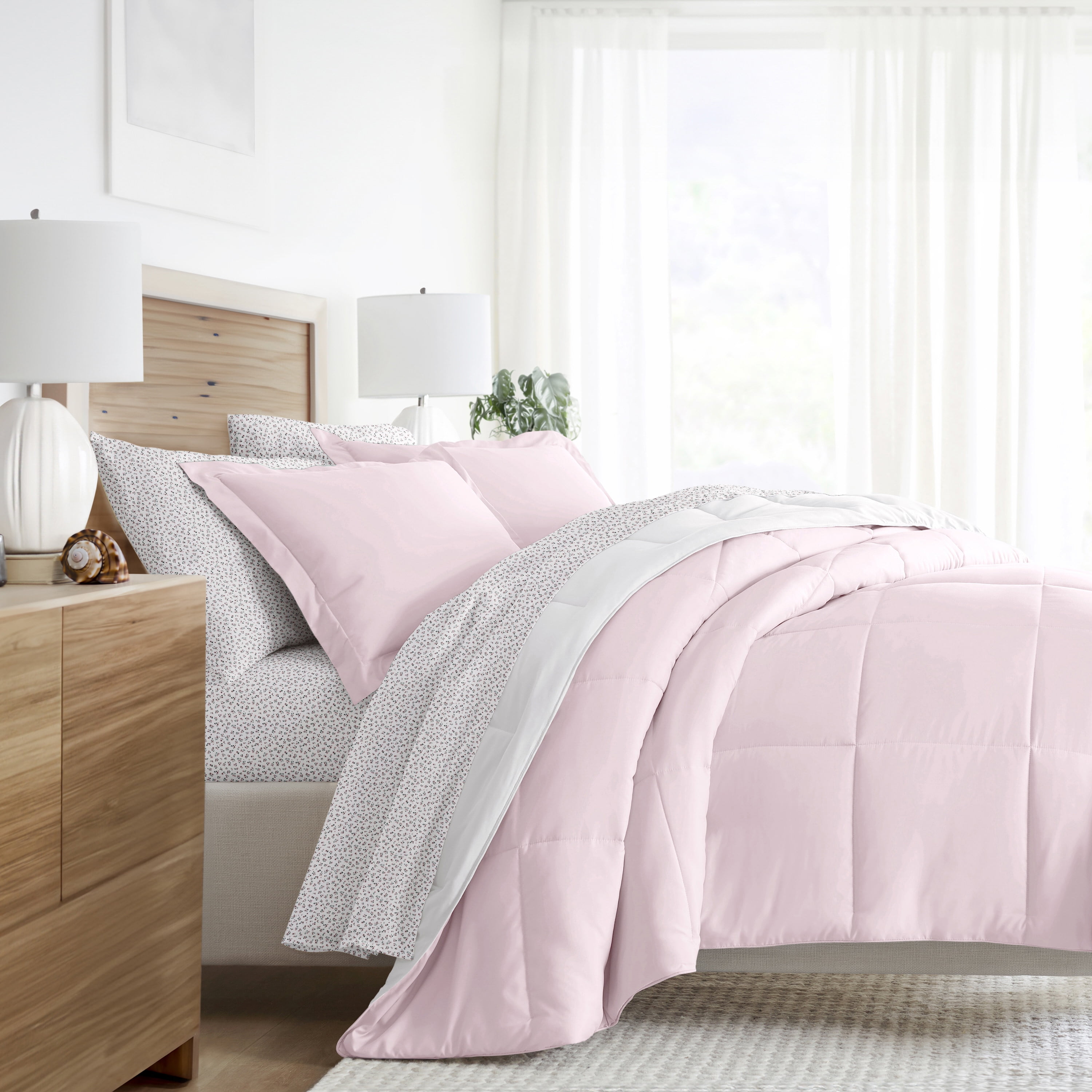 Noble Linens 7 Piece Bedding Bundle, Reversible Comforter and Patterned Sheet Set, Queen