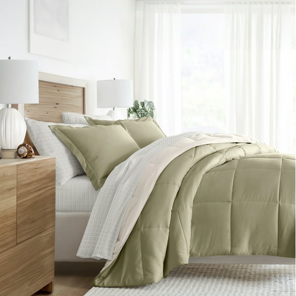 Noble Linens 7 Piece Bedding Bundle, Reversible Comforter and Patterned Sheet Set, Queen