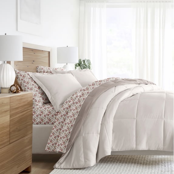 Noble Linens 7 Piece Bedding Bundle, Reversible Comforter and Patterned Sheet Set, Queen