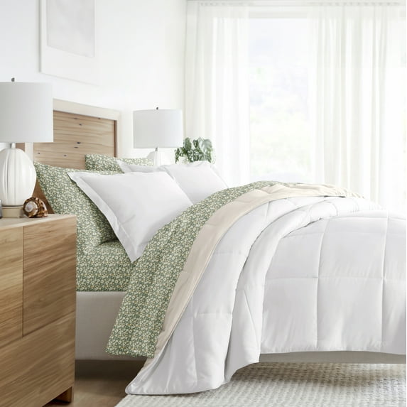 Noble Linens 7 Piece Bedding Bundle, Reversible Comforter and Patterned Sheet Set, Queen