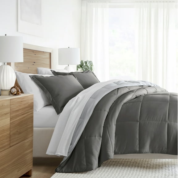 Noble Linens 7 Piece Bedding Bundle, Reversible Comforter and Patterned Sheet Set, Queen