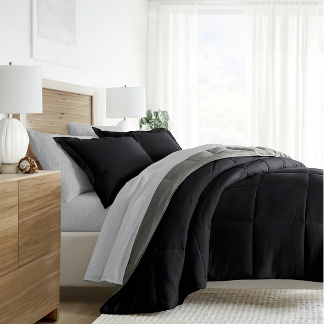 Noble Linens 7 Piece Bedding Bundle, Reversible Comforter and Patterned Sheet Set, Queen