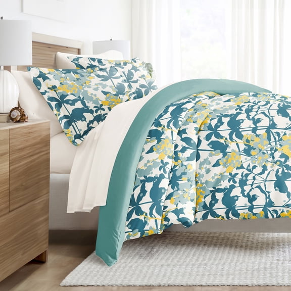 Noble Linens 7 Piece Patterned Duvet Bedding Bundle, Boho Flower Teal, Twin