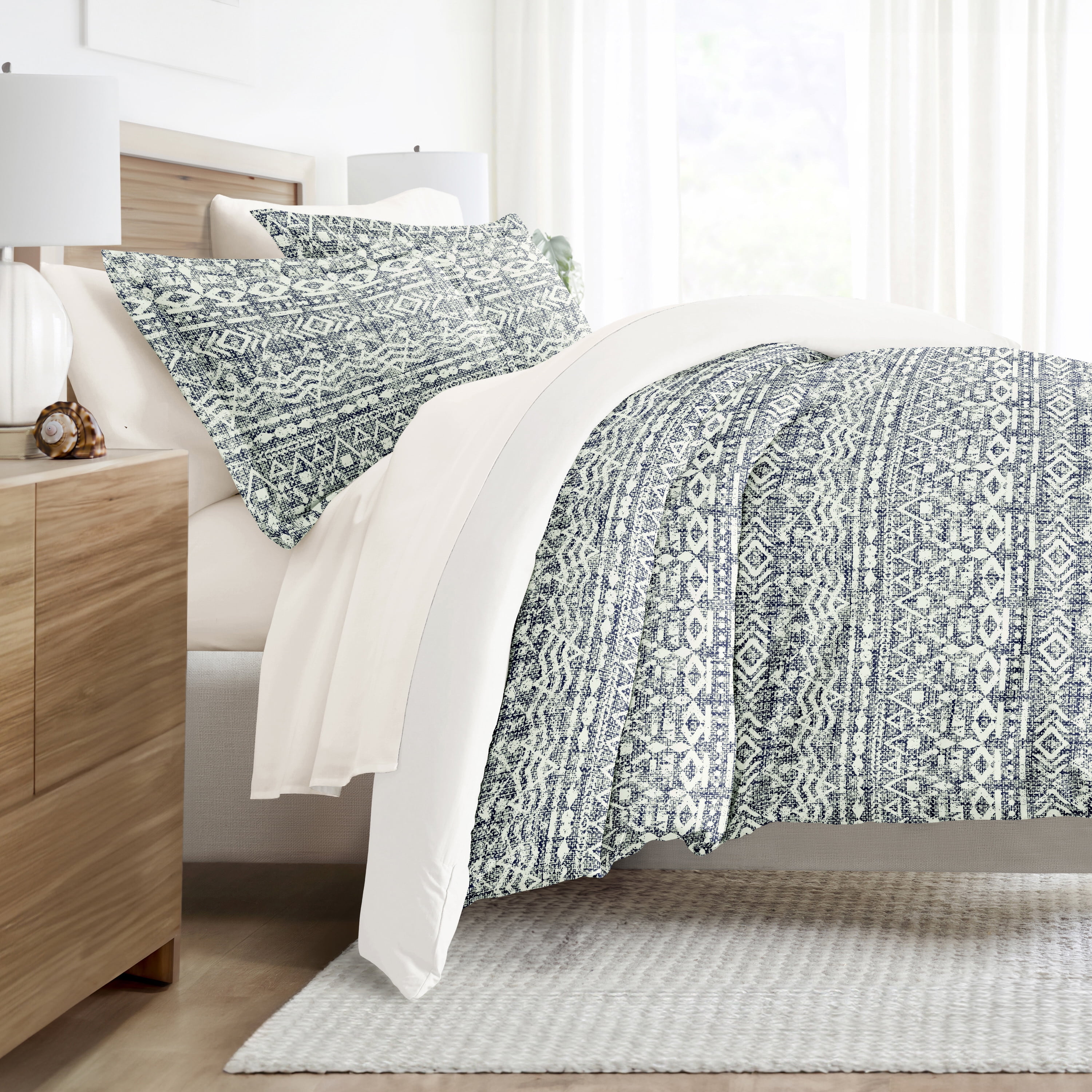 Noble Linens 7 Piece Patterned Duvet Bedding Bundle, Modern Rustic Navy, Twin