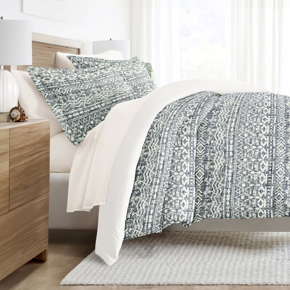 Noble Linens 7 Piece Patterned Duvet Bedding Bundle, Modern Rustic Navy, Twin