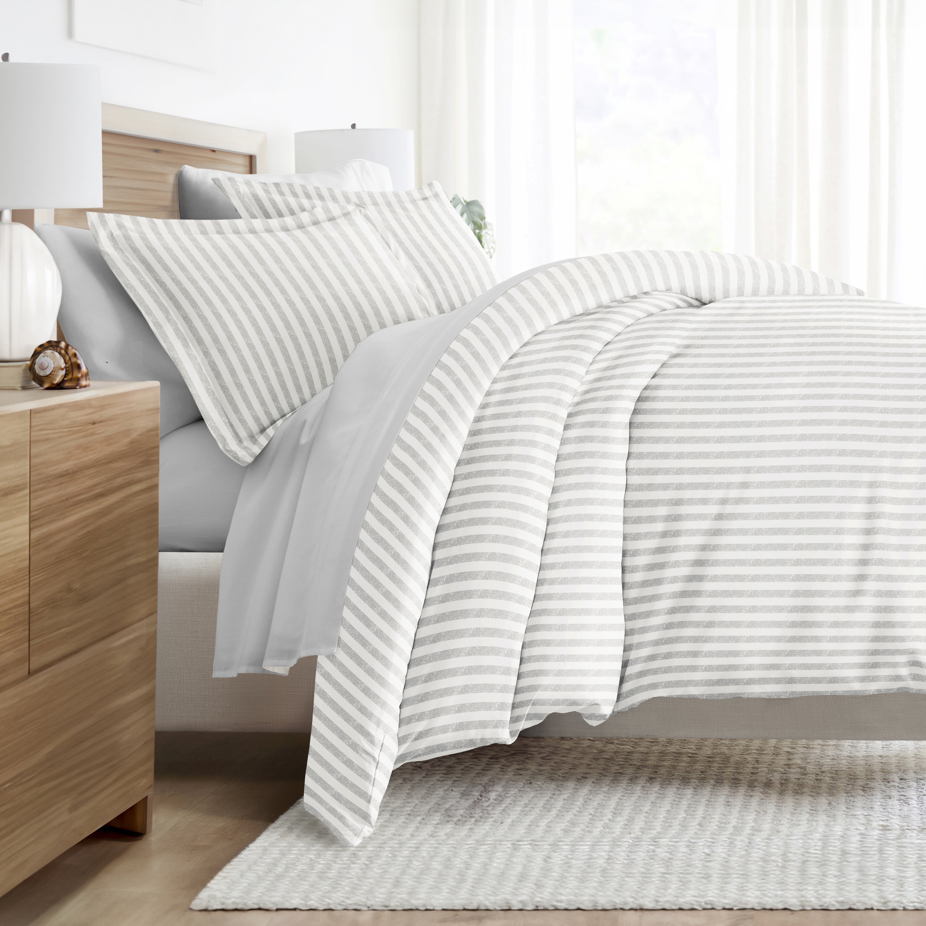 Noble Linens 7 Piece Patterned Duvet Bedding Bundle, Puffed Rugged Stripes Light Gray, Twin XL