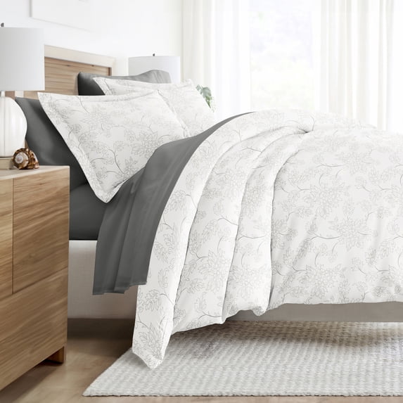 Noble Linens 7 Piece Patterned Duvet Bedding Bundle, Vines Gray, Twin