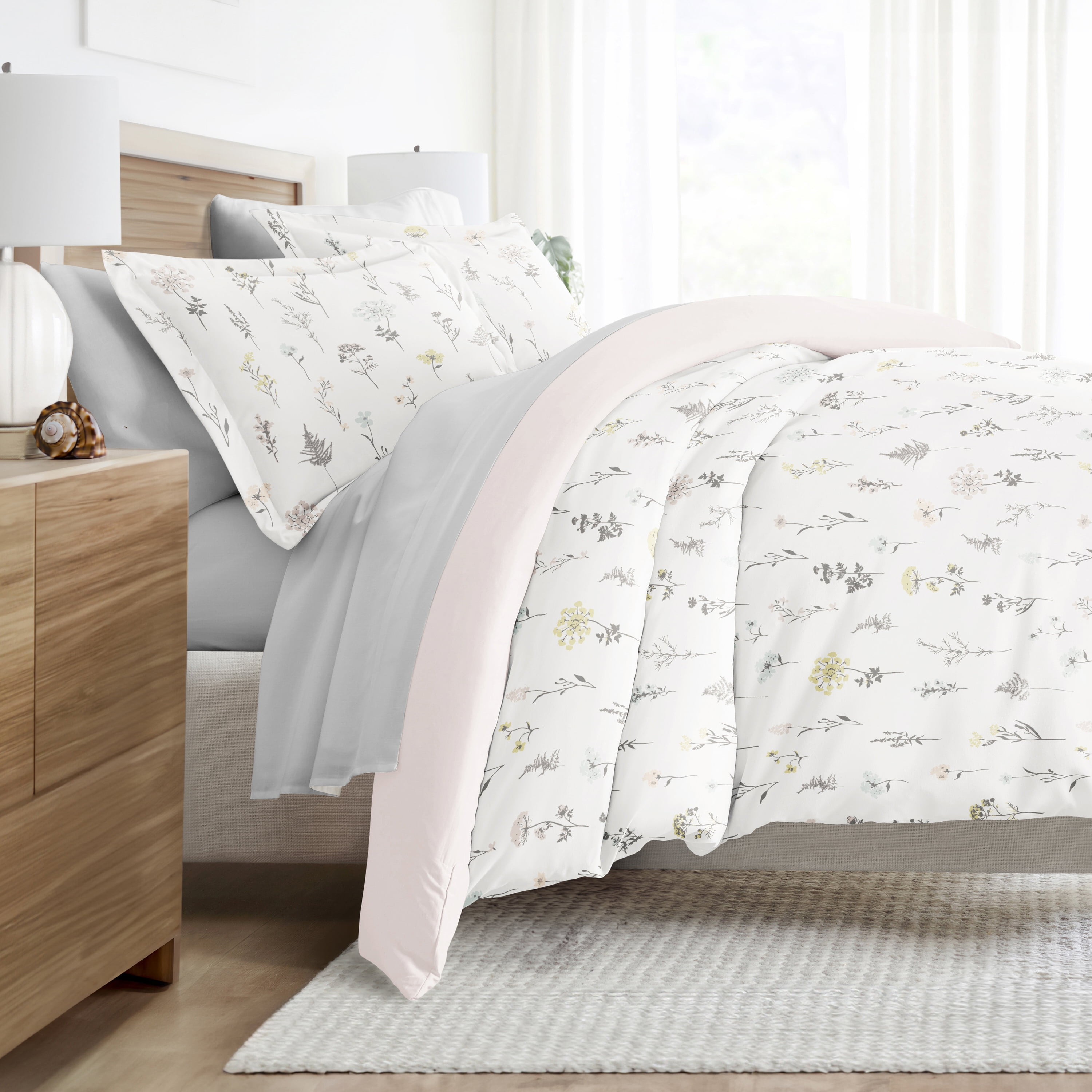 Noble Linens 7 Piece Patterned Duvet Bedding Bundle, Wildflower Pink, Twin XL