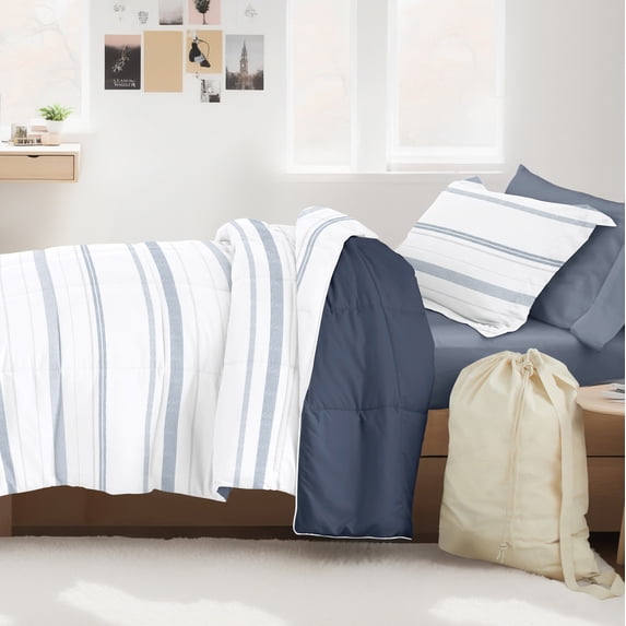 Noble Linens 8 Piece Dorm Bedding Bundle, Comforter & Sheet Set, Pillows, Laundry Bag