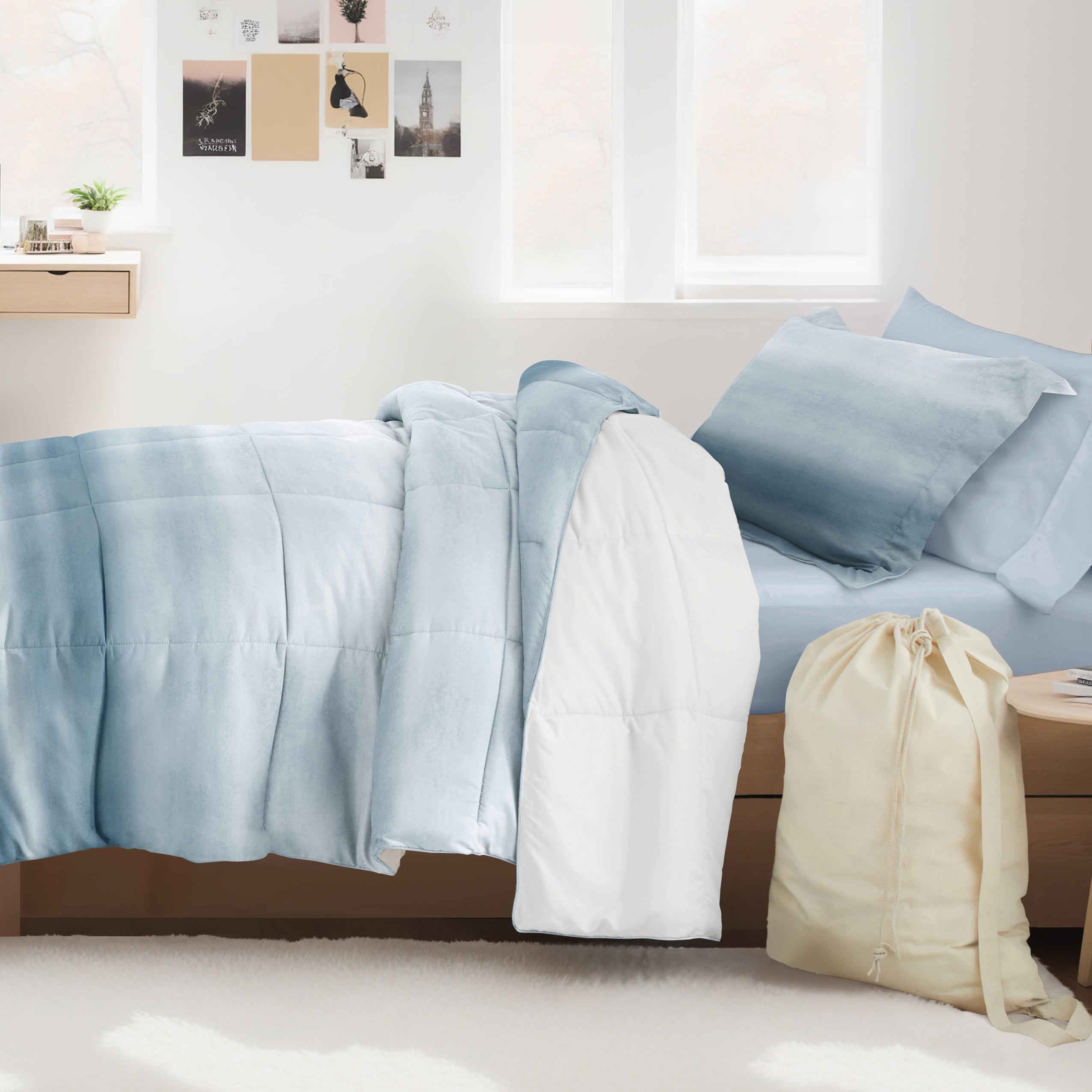 Noble Linens 8 Piece Dorm Bedding Bundle, Comforter & Sheet Set, Pillows, Laundry Bag
