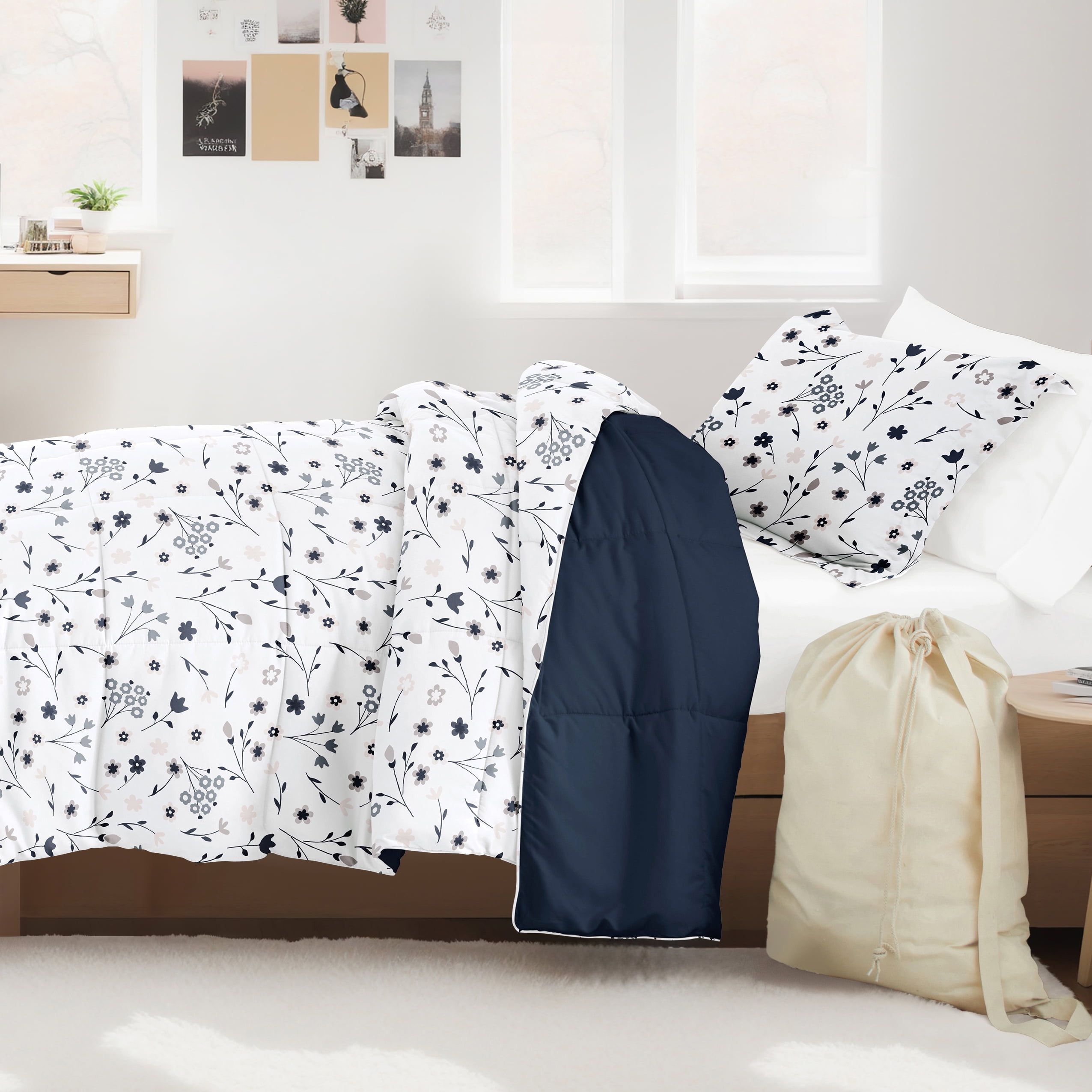Noble Linens 8 Piece Dorm Bedding Bundle, Comforter & Sheet Set, Pillows, Laundry Bag
