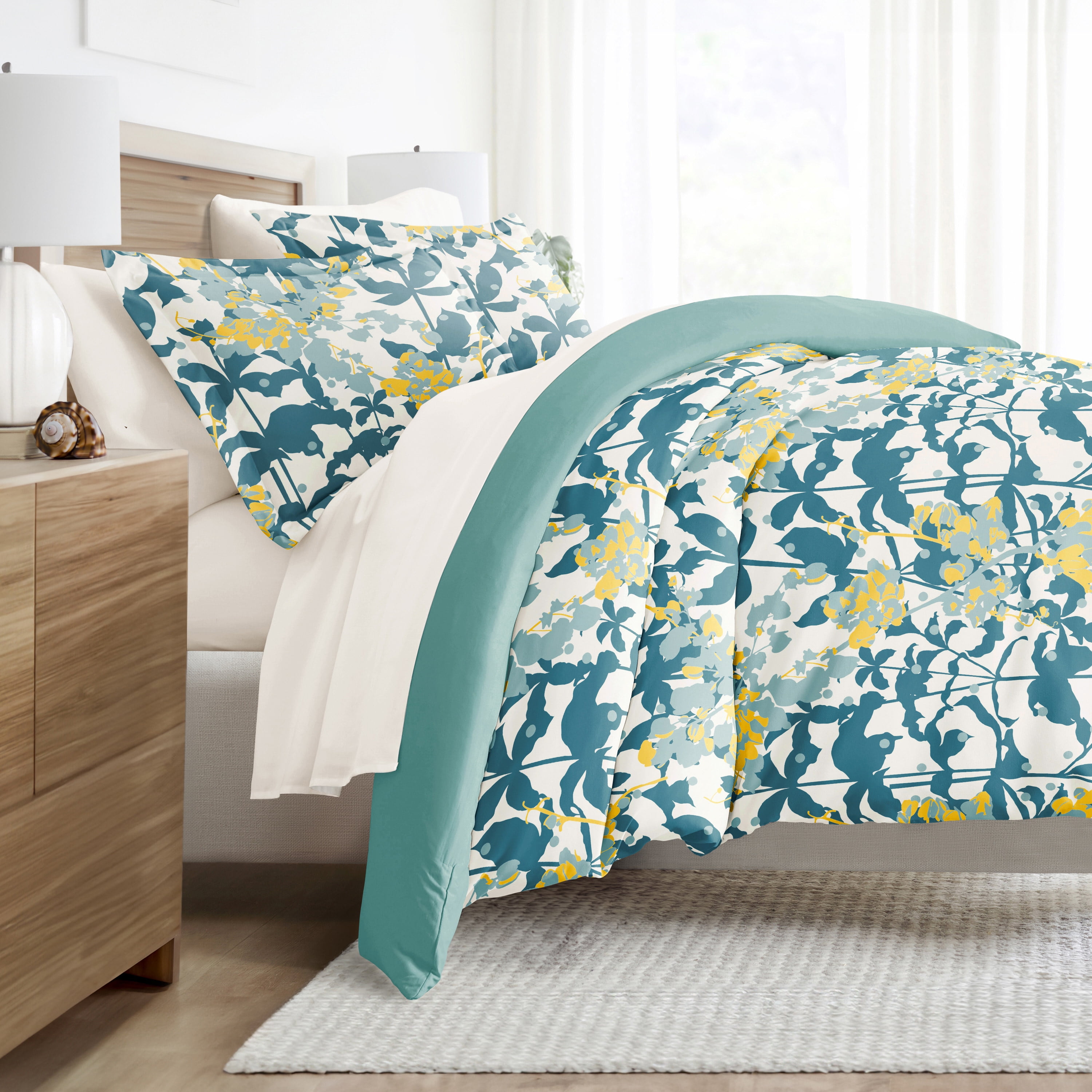 Noble Linens 8 Piece Patterned Duvet Bedding Bundle, Boho Flower Teal, Cal King