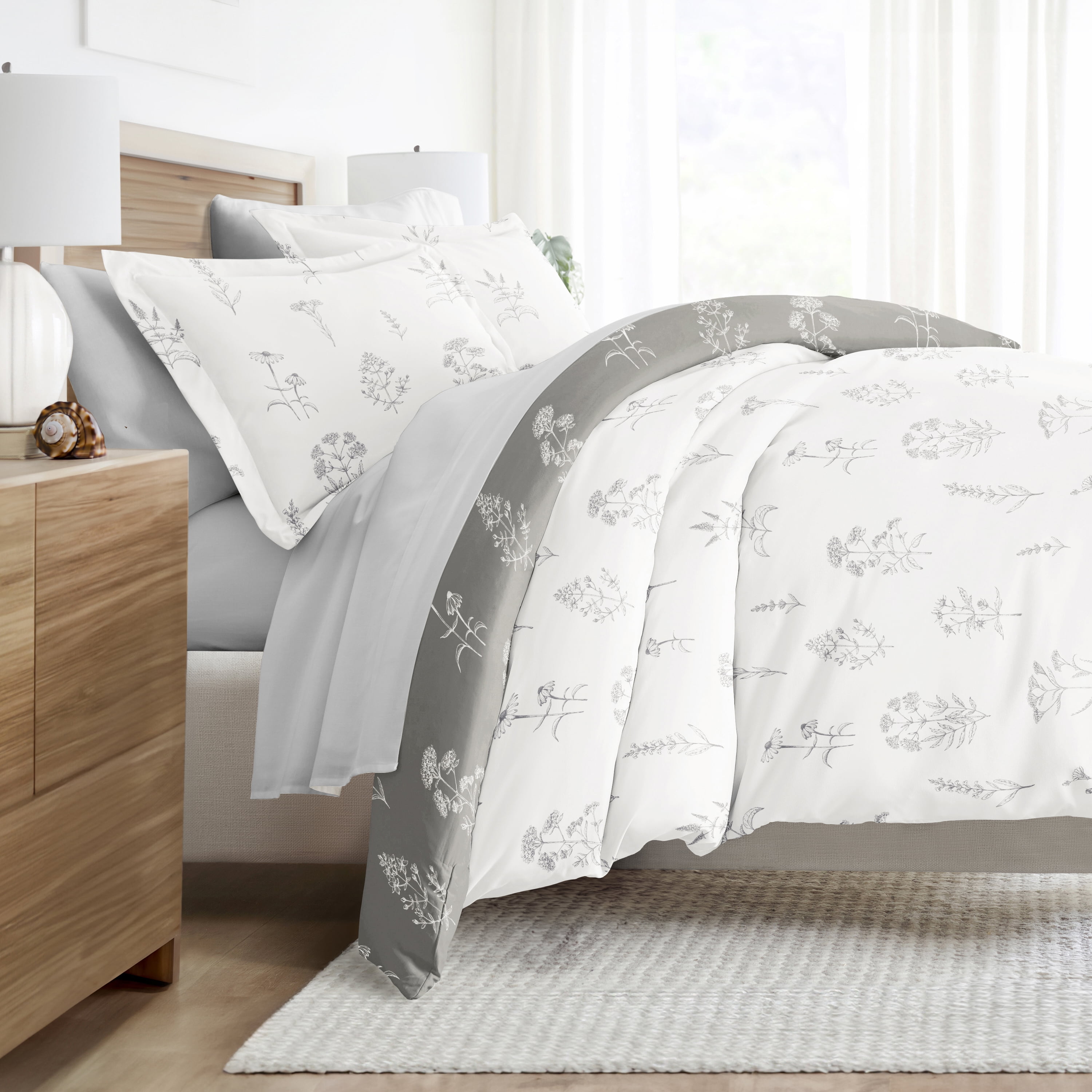 Noble Linens 8 Piece Patterned Duvet Bedding Bundle,Botany Floral Gray, Full
