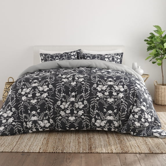 Noble Linens Black Reversible Secret Garden Print 3-Piece Duvet Cover Set, Full/Queen