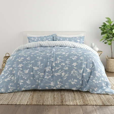 Noble Linens Blue Reversible Country Home Print 3-Piece Duvet Cover Set, Full/Queen