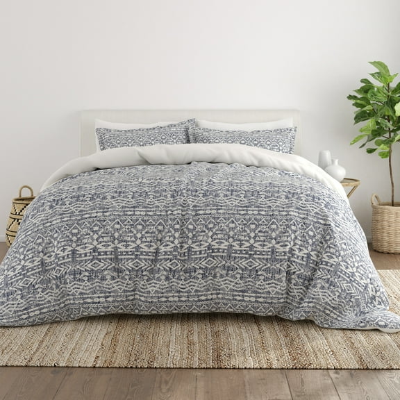 Noble Linens Blue Reversible Modern Rustic Print 3-Piece Duvet Cover Set, Full/Queen