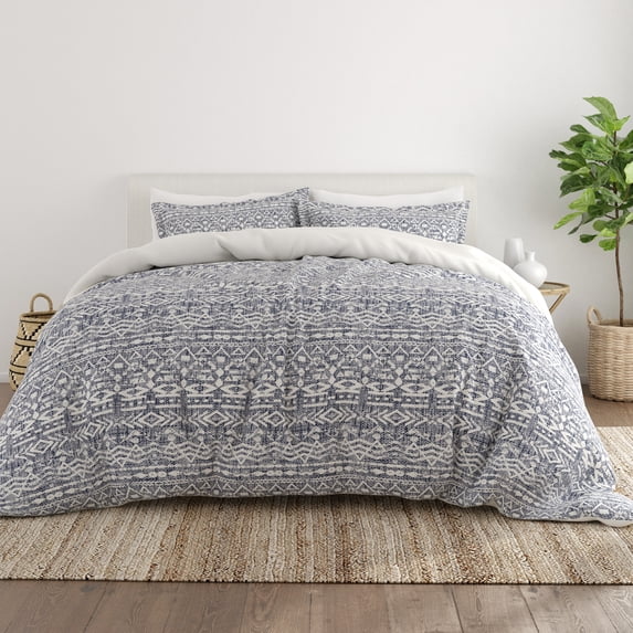 Noble Linens Blue Reversible Modern Rustic Print 3-Piece Duvet Cover Set, King/CalKing