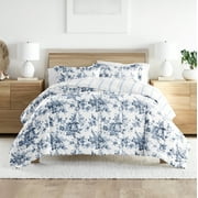 Noble Linens Down Alternative Cabbage Rose Stripe Stone Reversible Comforter Set