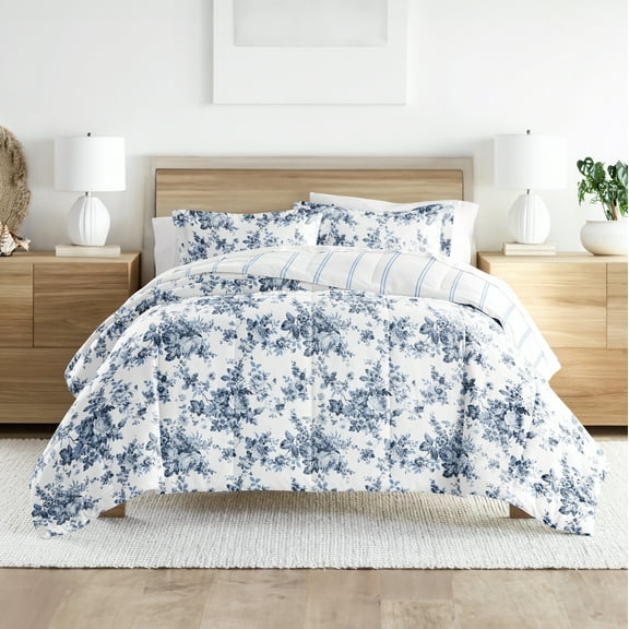 Noble Linens Down Alternative Cabbage Rose Stripe Stone Reversible Comforter Set