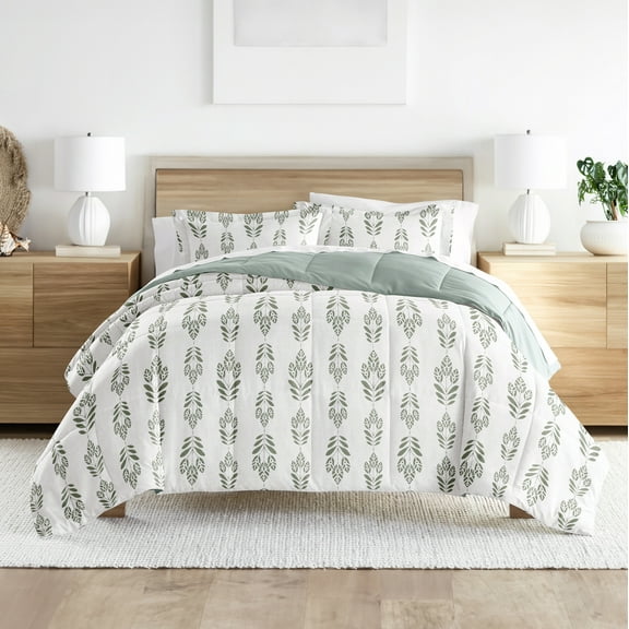 Noble Linens Down Alternative Folk Leaves Eucalyptus Reversible Comforter Set