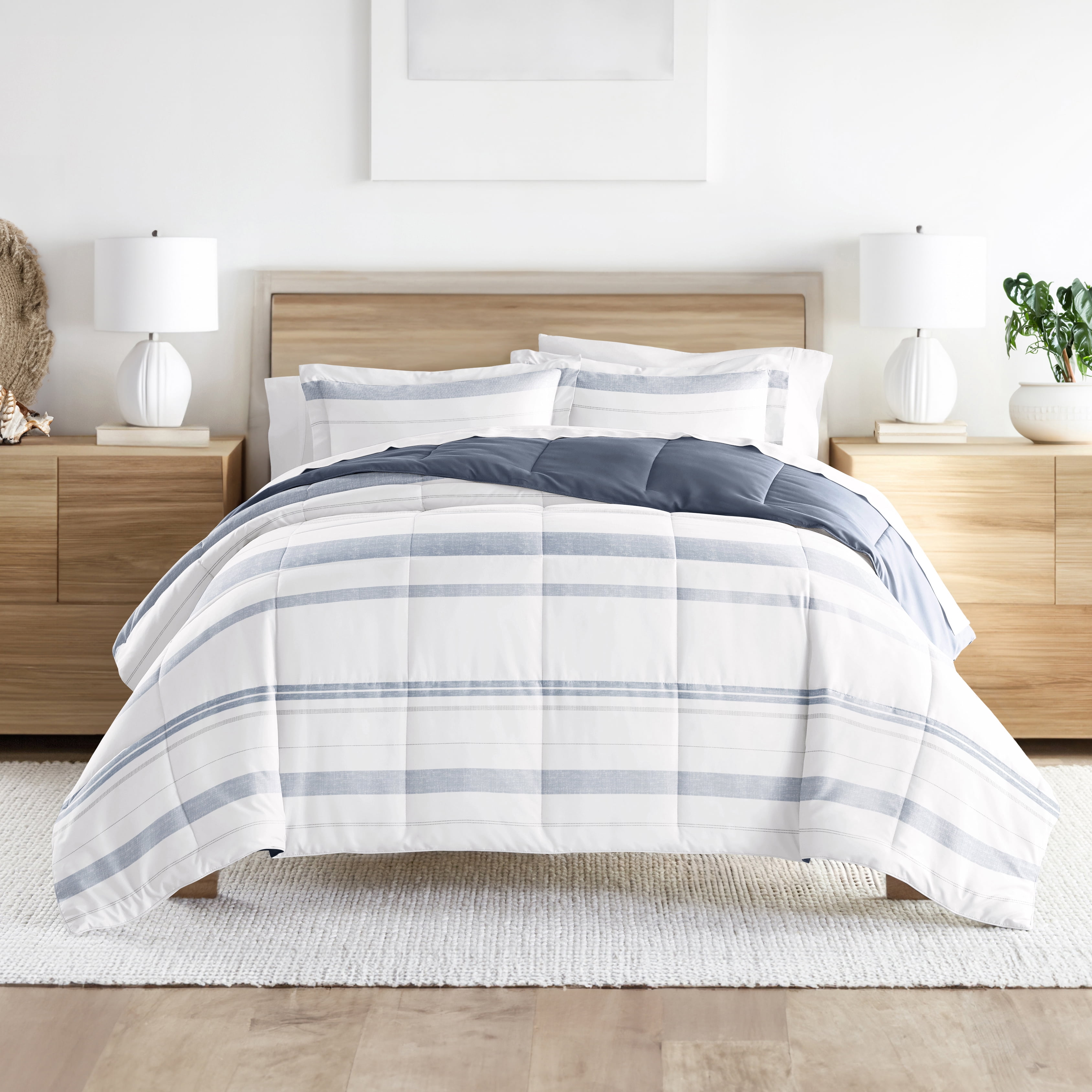 Noble Linens Down Alternative Stitched Stripe Stone Reversible Comforter Set
