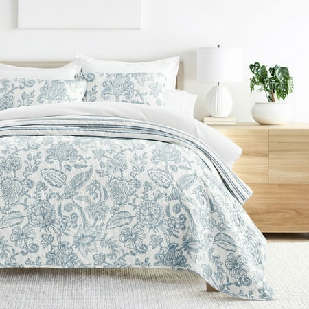 Noble Linens Dusk Blue 3 Piece Jacobean/Stripe Reversible Microfiber Quilt Set, Twin / Twin XL