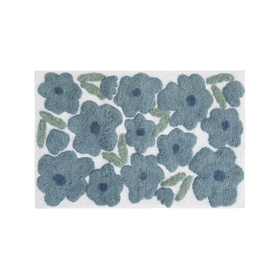 Noble Linens Floral Pattern Cotton Bath Mat, 24 in x 17 in, Blossoms Light Blue