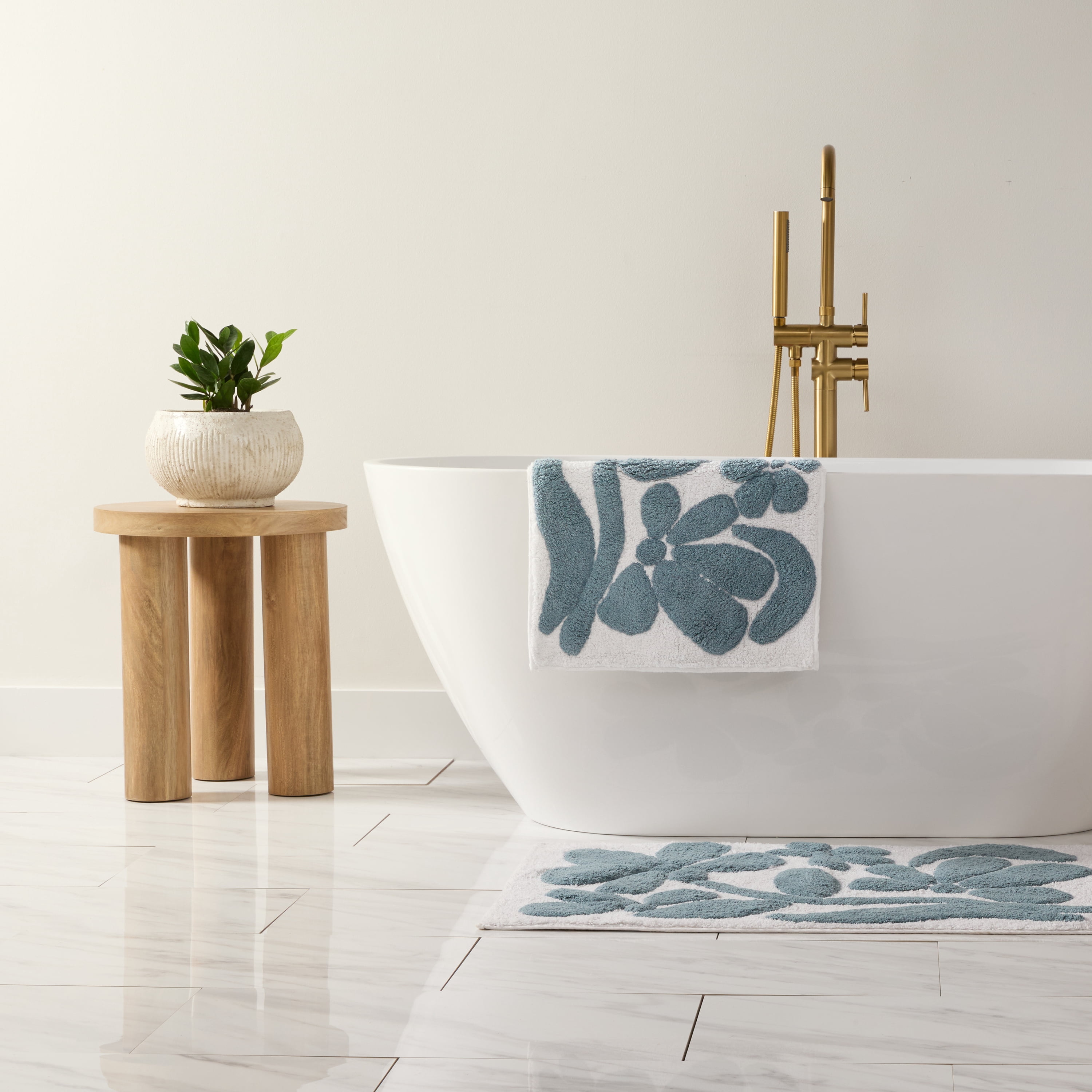Noble Linens Floral Pattern Cotton Bath Mat, 24 in x 17 in, Floral Light Blue