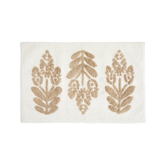 Noble Linens Floral Pattern Cotton Bath Mat, 24 in x 17 in, Folk Leaves Natural