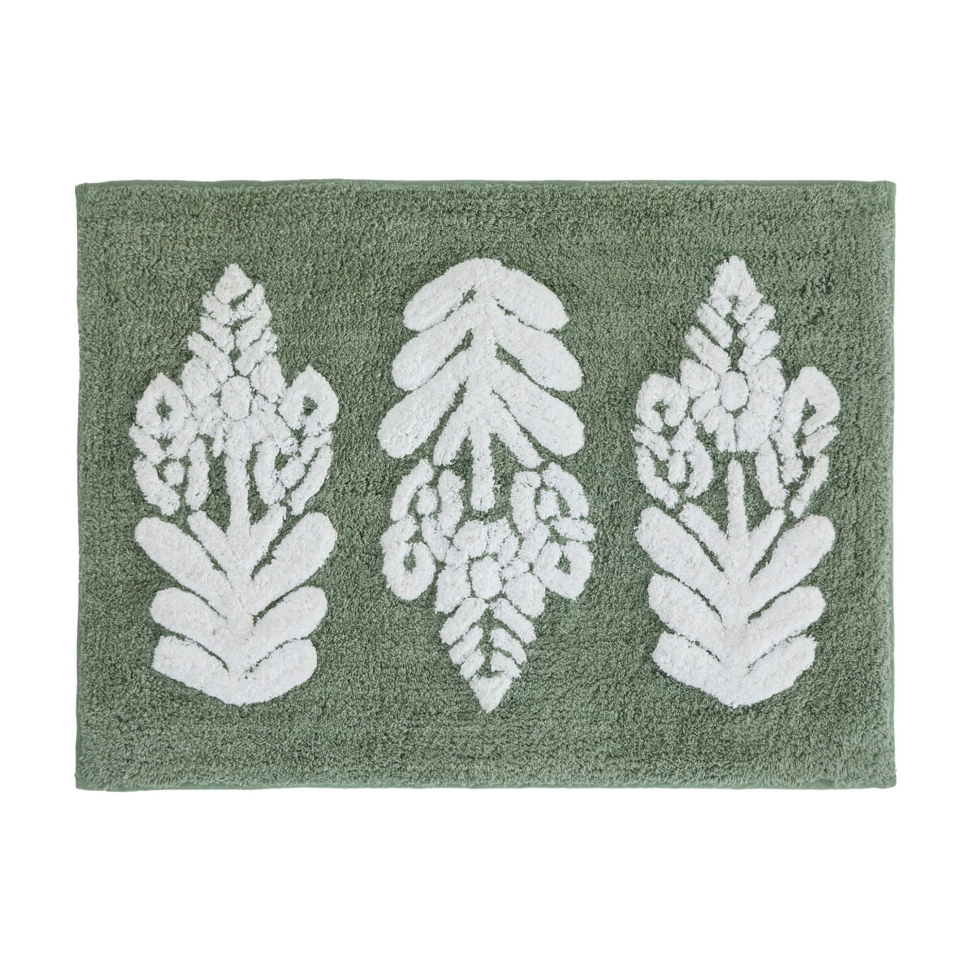 Noble Linens Floral Pattern Cotton Bath Mat, 34 in x 21 in, Folk Leaves Sage
