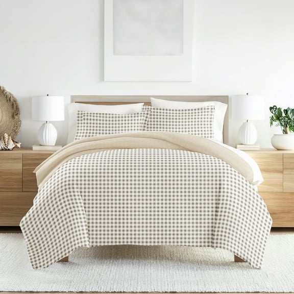 Noble Linens Gingham Check Natural 3-Piece Patterned Duvet Cover Set, Queen