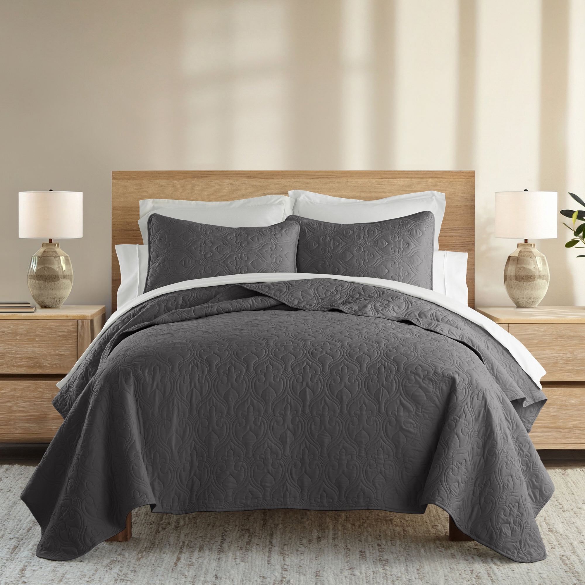 Noble Linens Gray Damask Pattern Quilted Coverlet Set, Twin / Twin XL