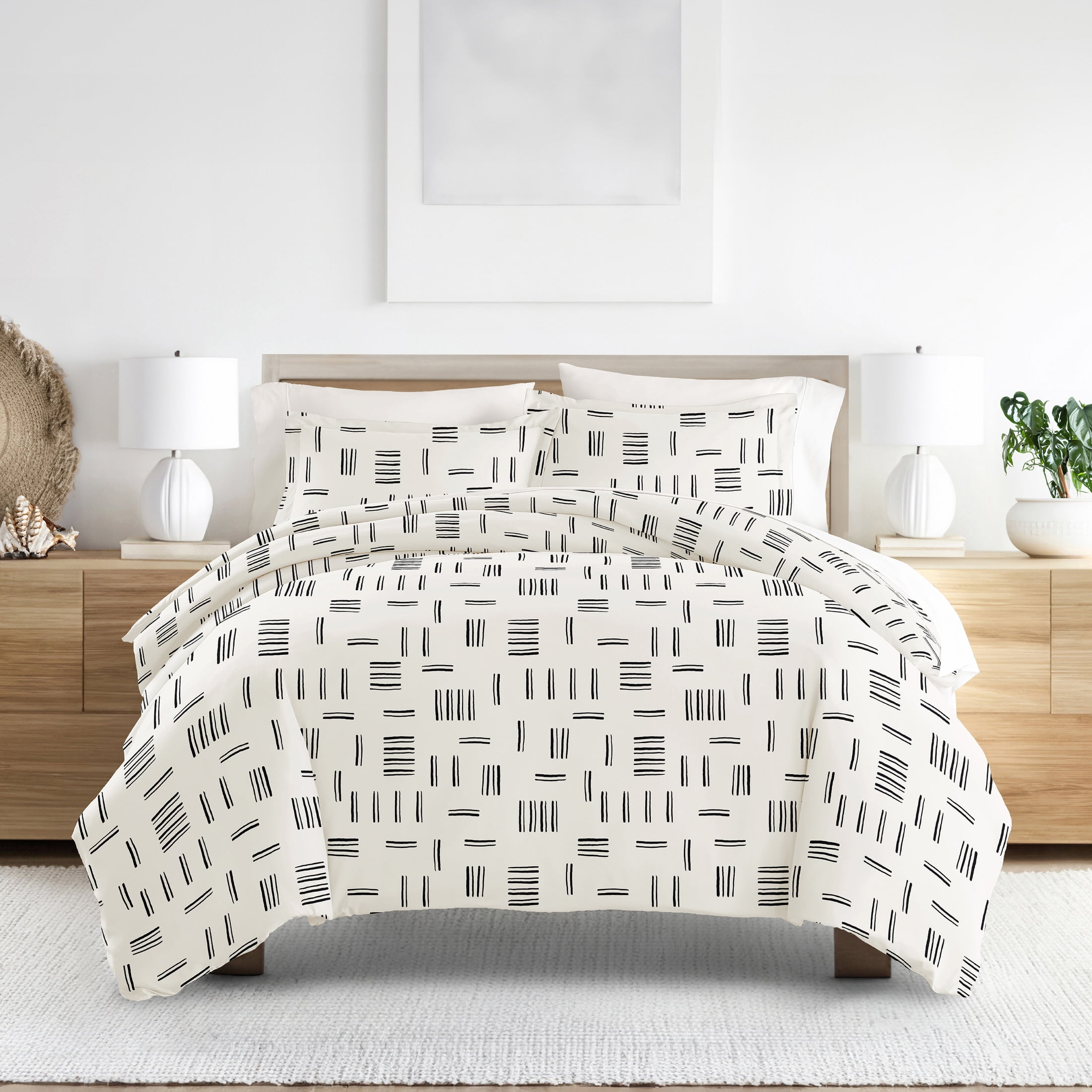 Noble Linens Gray Geo Dash 3-Piece 3-Piece Duvet Cover Set, Full/Queen