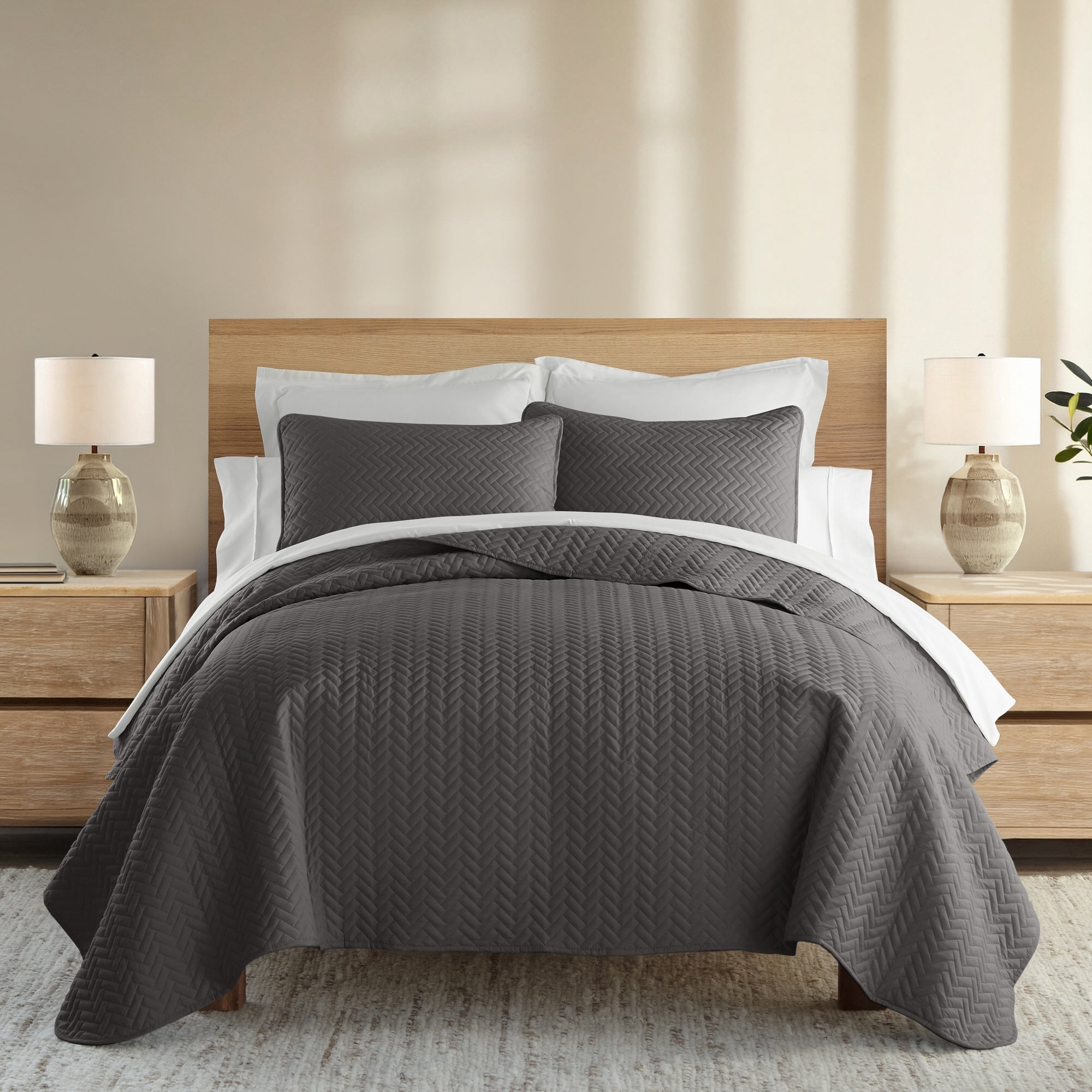 Noble Linens Gray Herring Pattern Quilted Coverlet, Twin/Twin XL