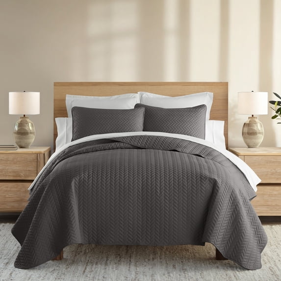 Noble Linens Gray Herring Pattern Quilted Coverlet, Twin/Twin XL