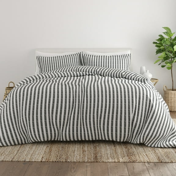 Noble Linens Gray Puffed Rugged Stripes Duvet Set 3-Piece Duvet Cover Set, Full/Queen